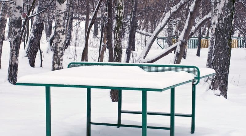 Verschneite Tischtennisplatte steht in einem winterlichen Wald